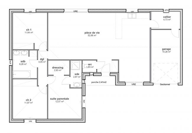 Plan de maison en L - Plain-pied - Modèle Melodia - Maisons Du Lyonnais