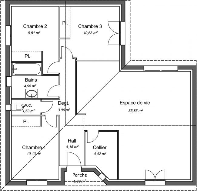 Plan maison Melezza traditionnelle 85m²