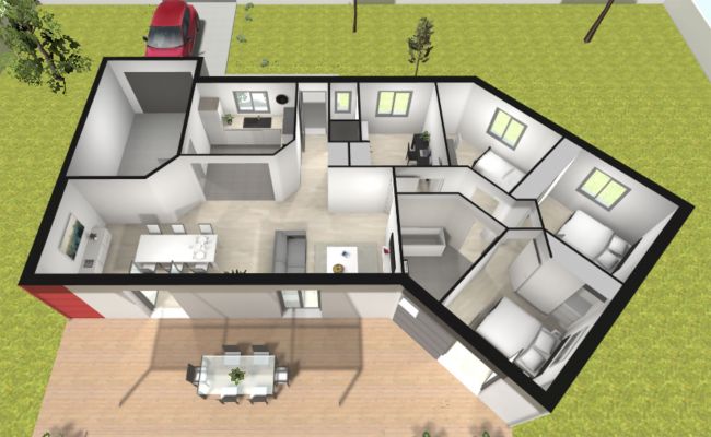 Plan de maison axonométrique 4 chambres Ebena